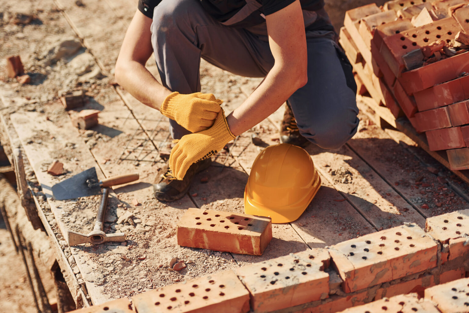 Close up view of construction worker in uniform and safety equipment preparing for the job.